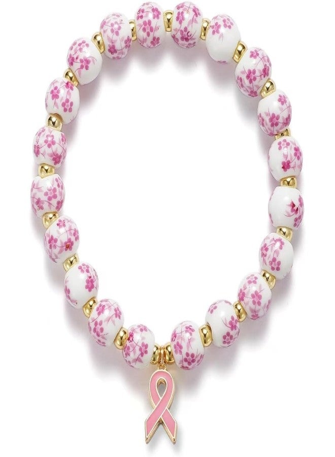 GLMOCM Breast Cancer Bracelets Pink Ribbon Charm Bracelets Flower Beaded Stretch Bracelets Cancer Awareness Accessories Care Gift (Pink) - Image 1